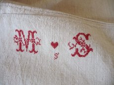 画像1: フランス製 アンティークリネン 手織りのシャンブル シーツ イニシャル MS  (1)