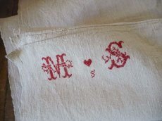 画像2: フランス製 アンティークリネン 手織りのシャンブル シーツ イニシャル MS  (2)