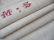 画像3: フランス製 アンティークリネン 手織りのシャンブル シーツ イニシャル MS  (3)