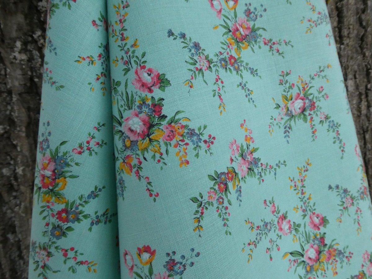 画像15: フランス ヴィンテージ ファブリック ROMANEX 小花のブーケ ミントグリーン (15)