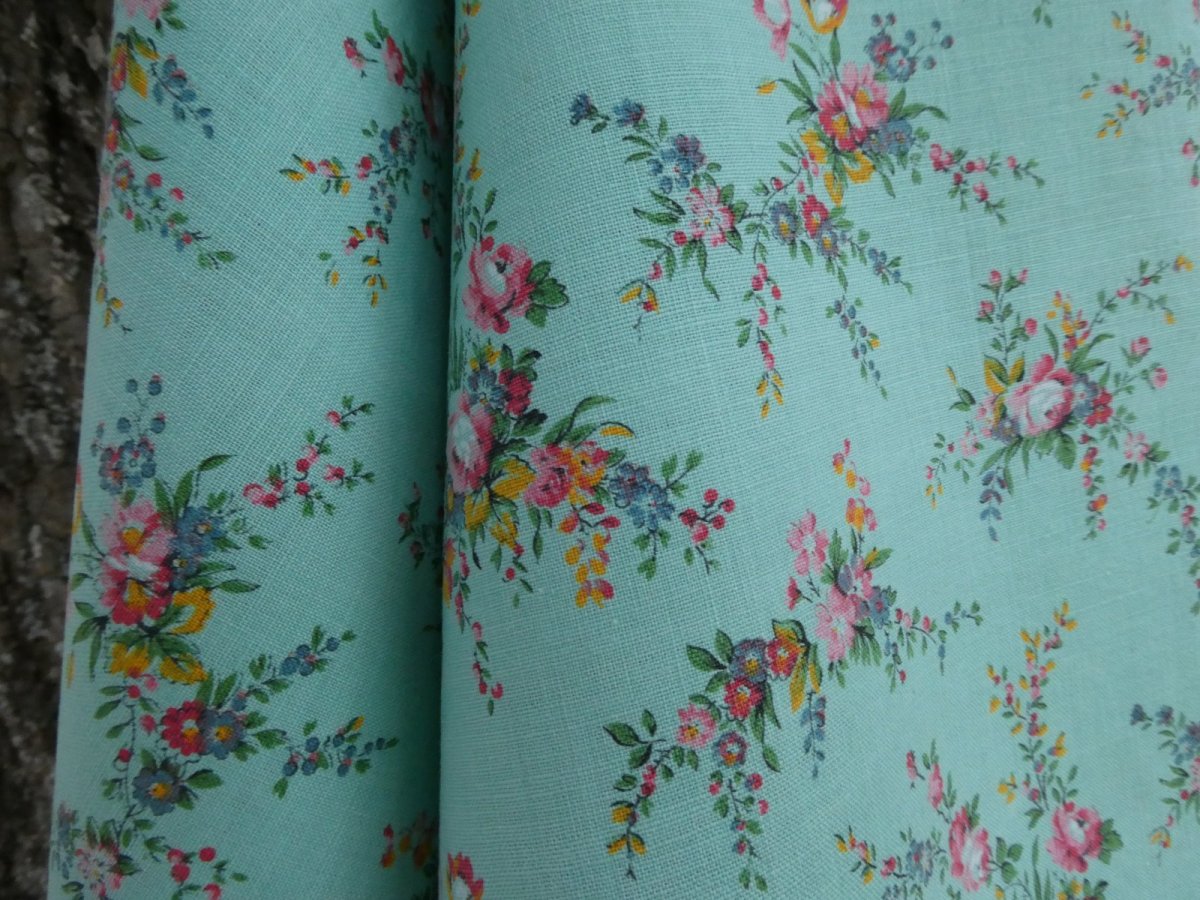 画像1: フランス ヴィンテージ ファブリック ROMANEX 小花のブーケ ミントグリーン (1)